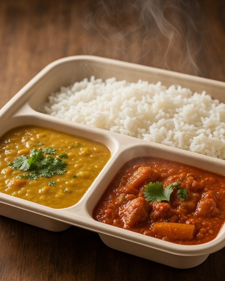 A compartment tray with rice, dal and curry