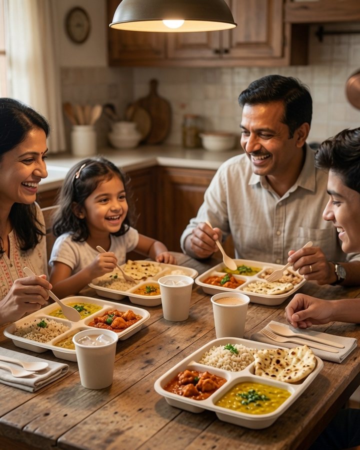 A family eating from EcoServe trays at home