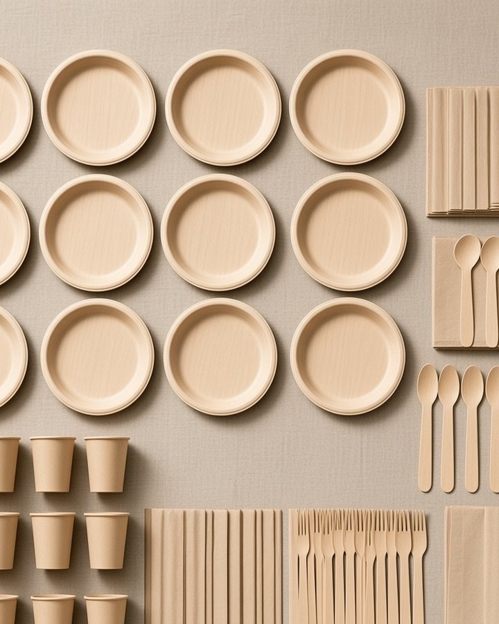 A party pack laid out: plates, cups, spoons and forks