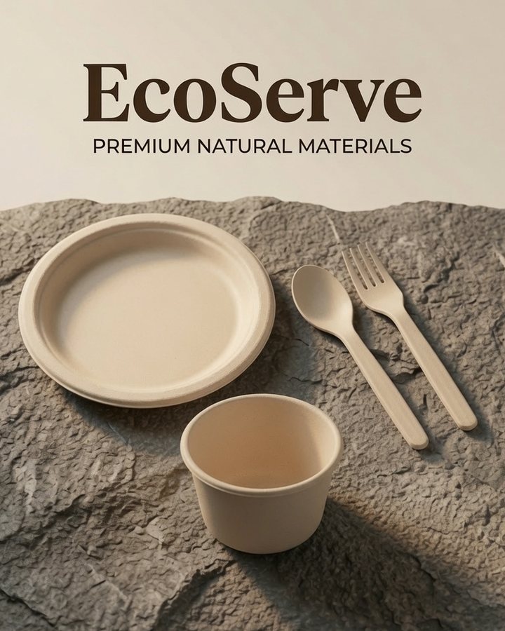 A bagasse plate, bowl, spoon and fork on stone